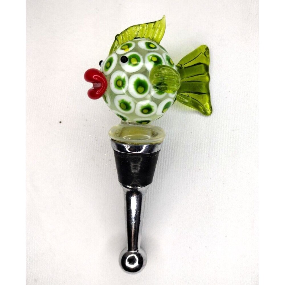 Art Glass Green Handblown Glass Blowfish Twos Company Bottle Stopper